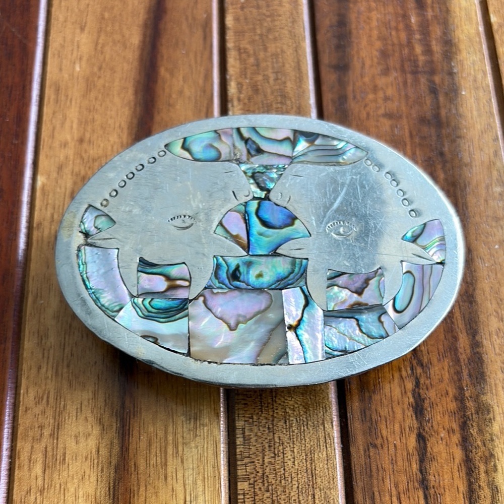 Vintage Silver and Abalone Inlay Cows Belt Buckle. Handmade